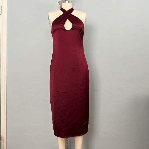 NWT JASON WU  Burgundy Plunging U-Neckline Halter Satin Dress - Small - Picture 2 of 16